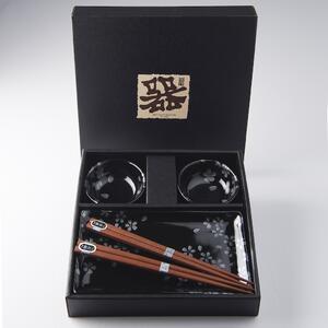 Made in Japan (MIJ) Sushi Set Black Sakura 4 ks s hůlkami