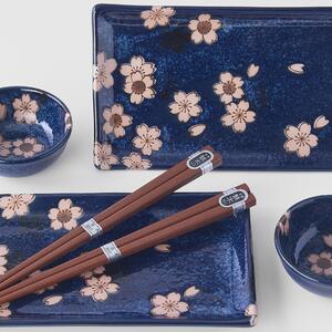 Made in Japan (MIJ) Sushi Set v námořnické modré a růžovým květem Sakura 6 ks