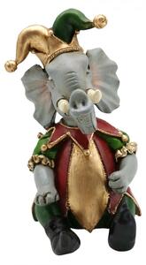 Barevná dekorace slona v kostýmu kašpara – 14x11x18 cm