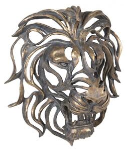 Zlatá nástěnná dekorativní hlava lva s patinou – 42x23x46 cm