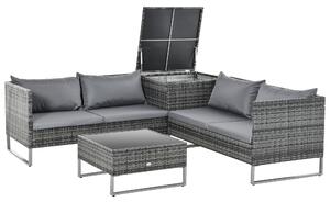 Outsunny 4dílná ratanová zahradní souprava s 2 dvousofami, centrálním stolem a úložným prostorem, odnímatelnými polštáři 132x69x64 cm Šedá | Aosom