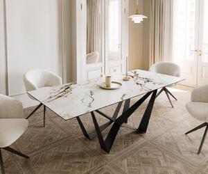 DELIFE Jídelní stůl Edge 180-220x100 keramika Calacatta Luxe bílá-zlatá-šedá spider plochá ocel černá rozkládací