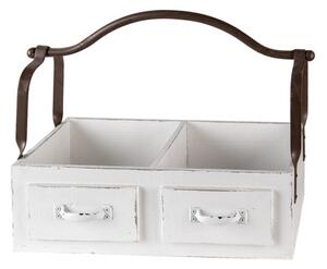 Bílý dřevěný retro box se dvěmi přihrádkami a kovovým uchem – 41x19x29 cm