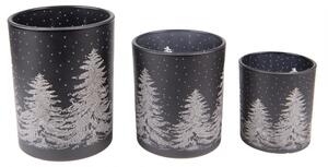 3ks černý skleněný svícen na čajovou svíčku se stromky – 10x12 / 9x10 / 7x8 cm