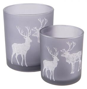 2ks šedý skleněný svícen na čajovou svíčku s jelenem a sobem – 9x10 / 7x8 cm
