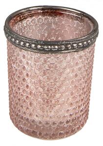 Růžový skleněný svícen na čajovou svíčku se zdobným okrajem – 6x6 cm