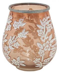 Béžovo-hnědý skleněný svícen na čajovou svíčku s květy Onfroi – 16x19 cm