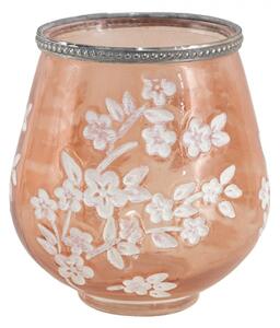 Béžovo-hnědý skleněný svícen na čajovou svíčku s květy Onfroi – 13x14 cm