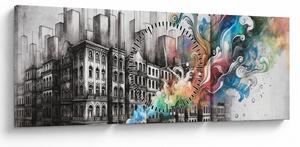 Obraz - Industriální život (s hodinami) (90x30 cm)