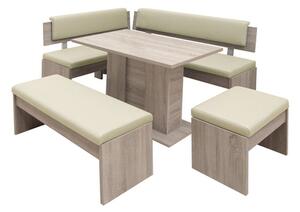 Jídelní set Elinor - rohová lavice, stůl, 2x taburet(dub,béžová)