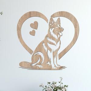 Dřevěný obraz sedícího Německého ovčáka v srdci | Rozměry (cm): 40x38 | Zvolte barvu dekoru: Dub Sonoma