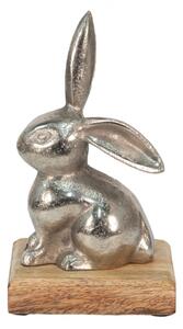 Dekorace stříbrný kovový králík na dřevěném podstavci – 11x10x20 cm