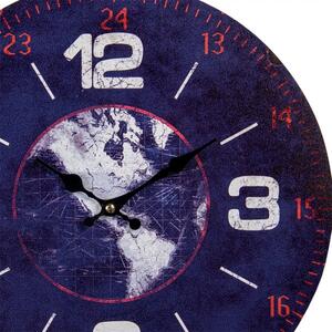 Modré kovové nástěnné hodiny s mapou světa – 34x4 cm