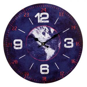 Modré kovové nástěnné hodiny s mapou světa – 34x4 cm