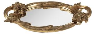 Zlatý antik oválný dekorativní podnos se zrcadlem a květy – 45x25x5 cm