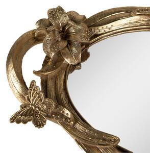 Zlatý antik oválný dekorativní podnos se zrcadlem a květy – 45x25x5 cm