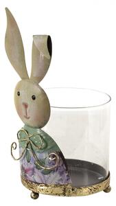 Skleněný svícen na čajovku s králíčí slečnou – 11x10x22 cm