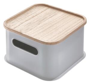 Šedý úložný box s víkem ze dřeva paulownia iDesign Eco Handled, 21,3 x 21,3 cm