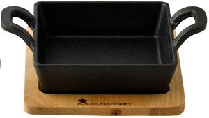 Čtvercová litinová mini pánev Masterpro s bambusovým podstavcem / 12,6 x 18,5 x 3,6 cm / černá