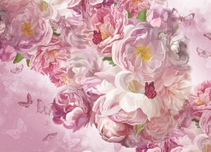 Malvis ® Tapeta růžové květy s motýly Vel. (šířka x výška): 144 x 105 cm