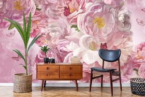 Malvis ® Tapeta růžové květy s motýly Vel. (šířka x výška): 288 x 200 cm