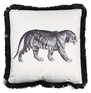 Bílo černý polštář s tygrem a třásněmi – 45x45x4 cm
