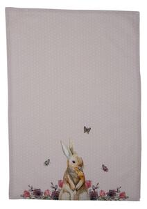 Béžová bavlněná utěrka s králíčkem Happy Bunny – 50x70 cm