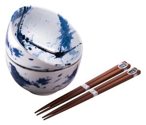 Set 2 modro-bílých keramických misek a jídelních hůlek MIJ