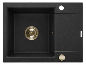 Invena Tesalia, 1-komorový granitový dřez s odkapávačem 590x440x160 mm a zlatý automatický sifon, INV-AZ-01-Z42-B