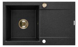Invena Tesalia, 1-komorový granitový dřez s odkapávačem 760x440x160 mm + zlatý automatický sifon, INV-AZ-01-Z43-B