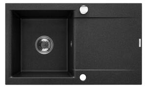 Invena Tesalia, 1-komorový granitový dřez s odkapávačem 760x440x160 mm + chromový automatický sifon, INV-AZ-01-043-B