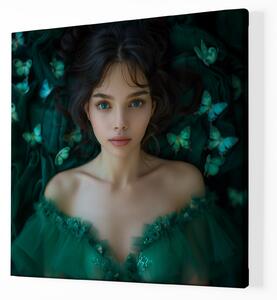 Obraz na plátně - Emeraldová dívka s motýly FeelHappy.cz Velikost obrazu: 60 x 60 cm
