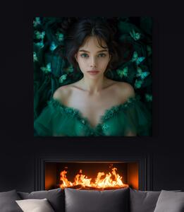 Obraz na plátně - Emeraldová dívka s motýly FeelHappy.cz Velikost obrazu: 40 x 40 cm