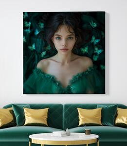 Obraz na plátně - Emeraldová dívka s motýly FeelHappy.cz Velikost obrazu: 40 x 40 cm