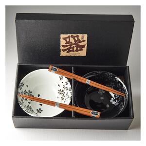 Set 2 černo-bílých keramických misek a jídelních hůlek MIJ Sakura