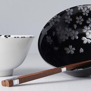 Set 2 černo-bílých keramických misek a jídelních hůlek MIJ Sakura