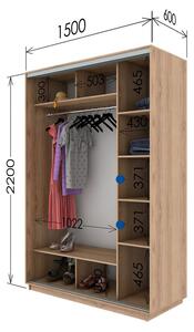 Skříň s posuvnými dveřmi 1500x2200x600 1LTD 1 Zrcadlo myší šedá, profil stříbrný