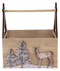 Hnědý dřevěný úložný box s jelenem a stromy – 16x11x18 cm