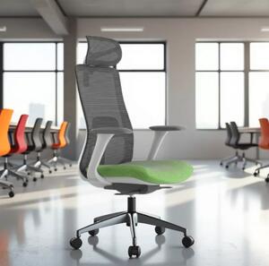 Kancelářská ergonomická židle WISDOM s podhlavníkem — síť, šedý plast, nosnost 150 kg, zelená