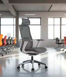 Kancelářská ergonomická židle WISDOM s podhlavníkem — síť, šedý plast, nosnost 150 kg, světle šedá