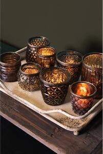 Hnědý skleněný svícen na čajovou svíčku s kovovým zdobením – 7x10 cm