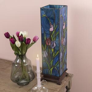 Modrá hranatá stolní lampa Tiffany s tulipány Toulipp – 17x17x58 cm