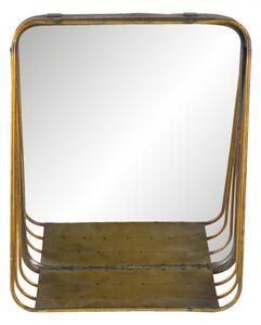 Zlaté čtvercové zrcadlo v kovovém rámu s dřevěnou poličkou Gold – 26x11x32 cm
