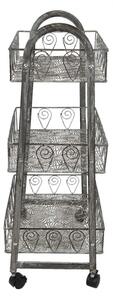 Šedý antik kovový vozík na kolečkách s košíky Meganne – 37x26x80 cm