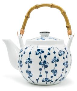 Porcelánová konvice Třešňové květy, 700 ml, bílá, motiv sakury, bambusové ucho, nerezové sítko