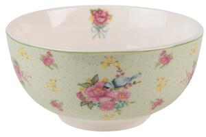 Zelená porcelánová miska s květy a ptáčkem Cheerful Birdie – 500 ml