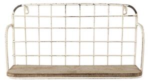 Nástěnný bílý kovový stojan s dřevěnou poličkou a patinou – 41x18x21 cm