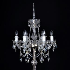 6-ti ramenná stříbrná stojací lampa ozdobená křišťálovými vachtlemi
