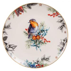 Porcelánový dezertní talíř s vánočním motivem ptáčka – 21x2 cm