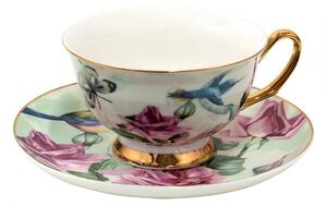 Porcelánový šálek s podšálkem s květy a ptáčky Paien – 12x10x6 cm
